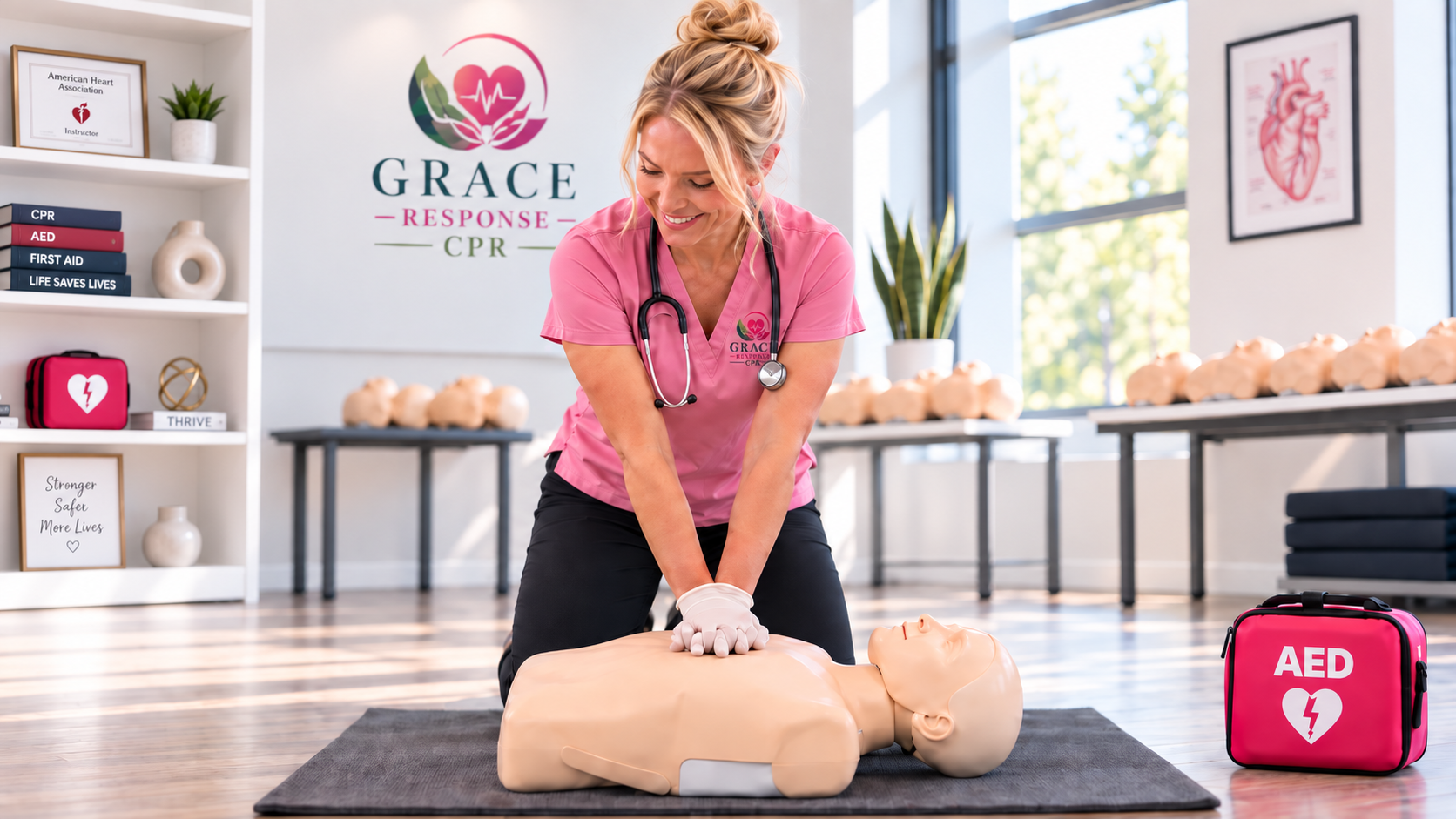 Blonde instructor performing chest compressions on a CPR manikin during a training class